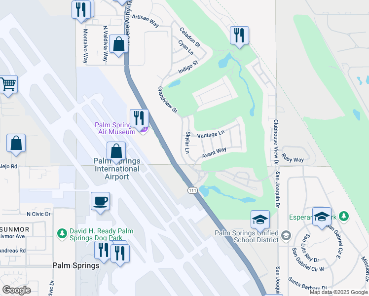map of restaurants, bars, coffee shops, grocery stores, and more near 522 Skylar Lane in Palm Springs
