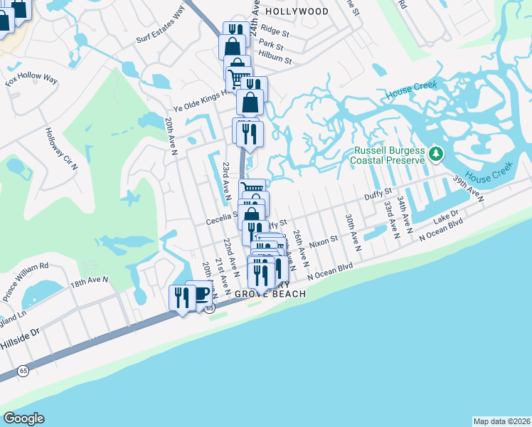 map of restaurants, bars, coffee shops, grocery stores, and more near 2315 Duffy Street in North Myrtle Beach