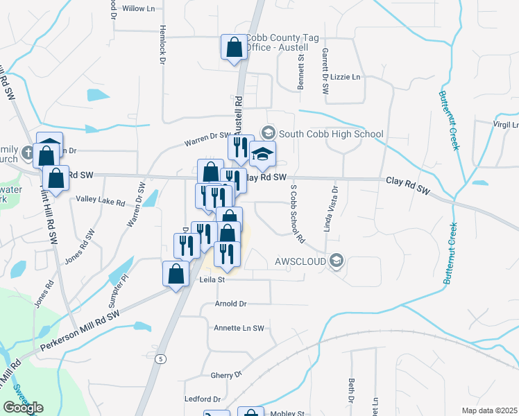 map of restaurants, bars, coffee shops, grocery stores, and more near 1862 Posten Lane Southwest in Mableton
