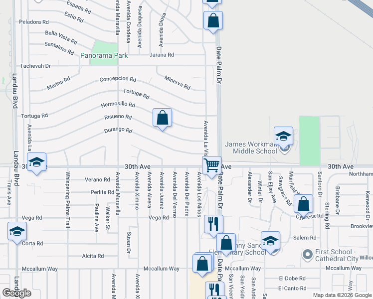 map of restaurants, bars, coffee shops, grocery stores, and more near 68870 Durango Road in Cathedral City