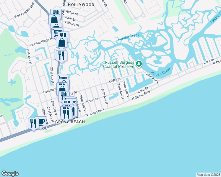 map of restaurants, bars, coffee shops, grocery stores, and more near 3009 Nixon Street in North Myrtle Beach