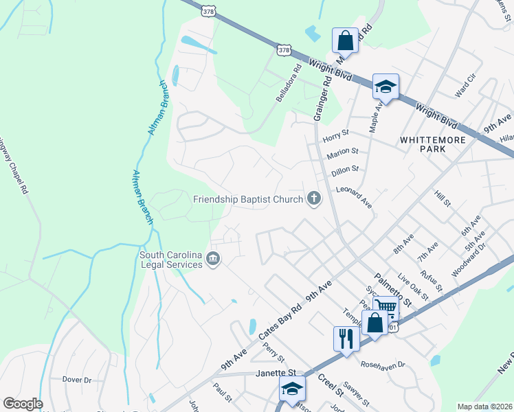 map of restaurants, bars, coffee shops, grocery stores, and more near 2622 Lincoln Park Drive in Conway