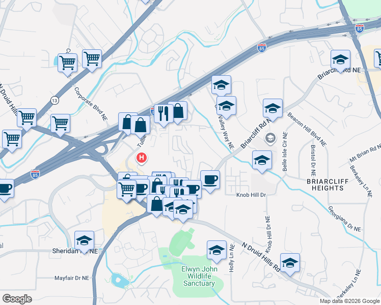 map of restaurants, bars, coffee shops, grocery stores, and more near 1647 Executive Park Lane Northeast in Atlanta