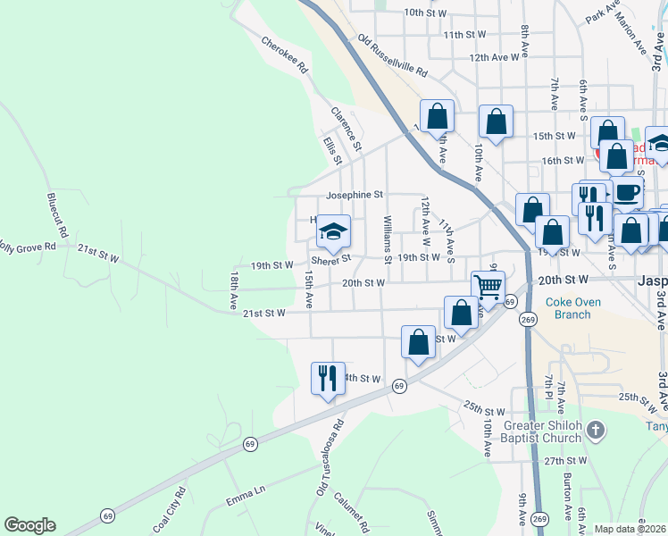 map of restaurants, bars, coffee shops, grocery stores, and more near 1319-1361 20th Street West in Jasper
