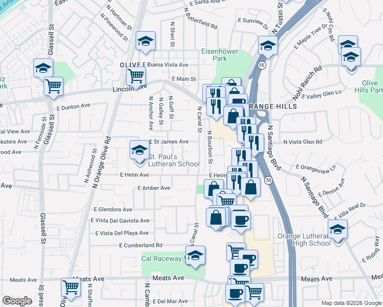 map of restaurants, bars, coffee shops, grocery stores, and more near 1226 East Ensign Circle in Orange