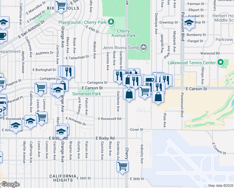 map of restaurants, bars, coffee shops, grocery stores, and more near 3972 Gardenia Avenue in Long Beach