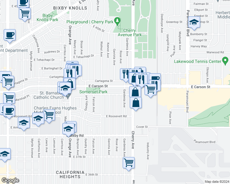 map of restaurants, bars, coffee shops, grocery stores, and more near 3973 Rose Avenue in Long Beach