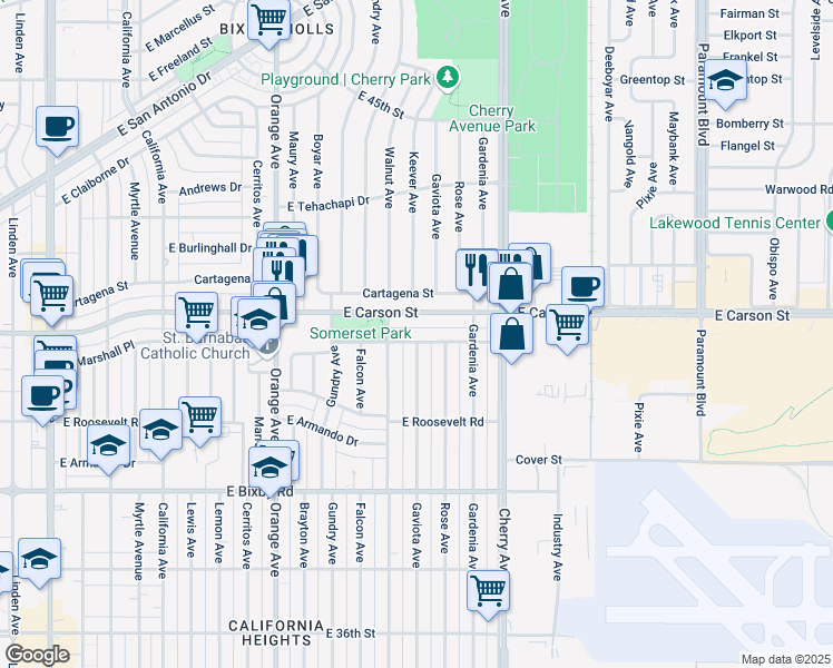 map of restaurants, bars, coffee shops, grocery stores, and more near 3974 Walnut Avenue in Long Beach