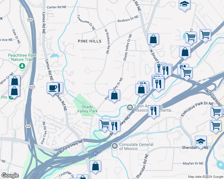 map of restaurants, bars, coffee shops, grocery stores, and more near 1292 Victor Road Northeast in Atlanta