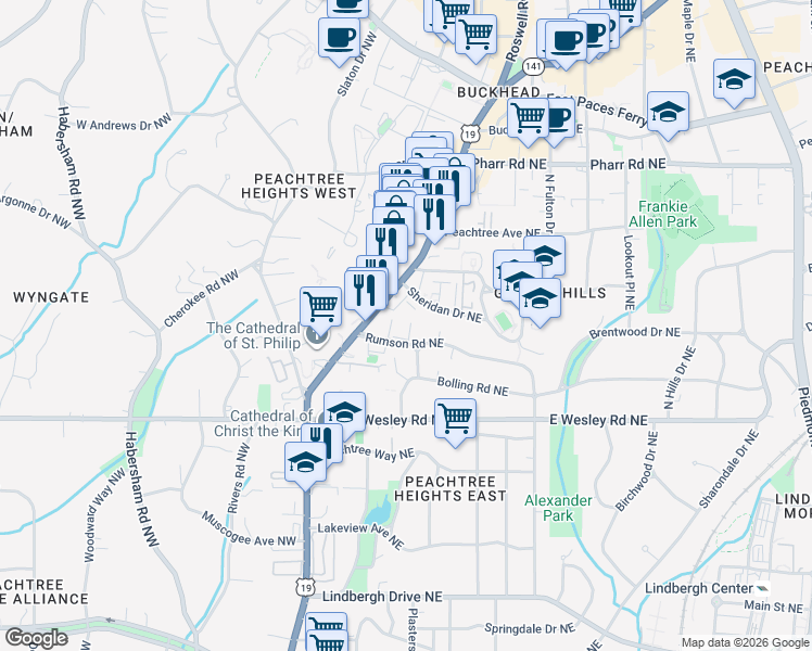 map of restaurants, bars, coffee shops, grocery stores, and more near 105 Rumson Road Northeast in Atlanta