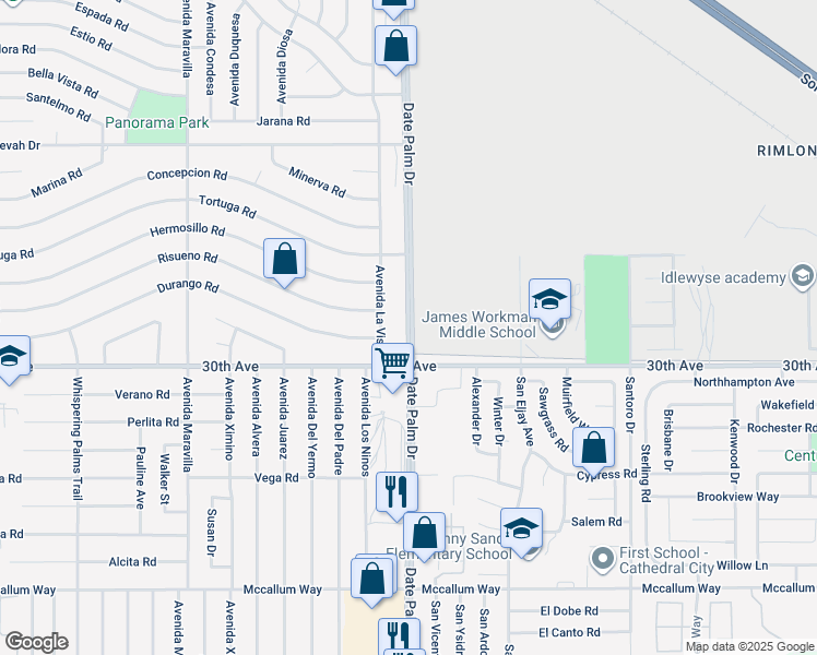 map of restaurants, bars, coffee shops, grocery stores, and more near 30025 Date Palm Drive in Cathedral City