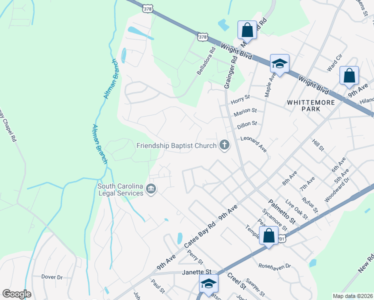 map of restaurants, bars, coffee shops, grocery stores, and more near 2622 Lincoln Park Drive in Conway