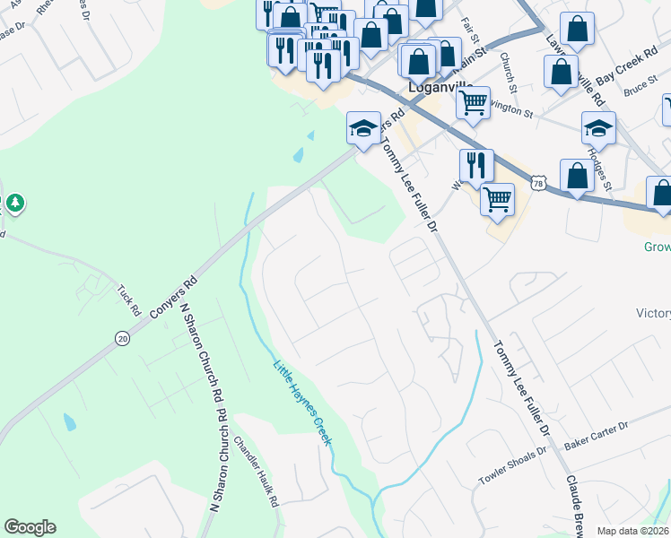 map of restaurants, bars, coffee shops, grocery stores, and more near 2225 Huntington Drive in Loganville