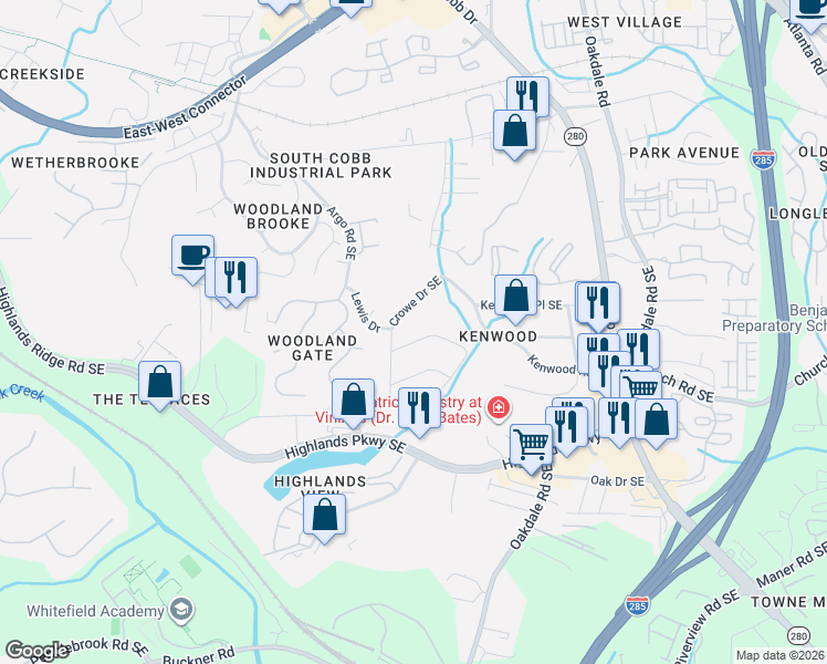 map of restaurants, bars, coffee shops, grocery stores, and more near 5010 Heather Road Southeast in Smyrna