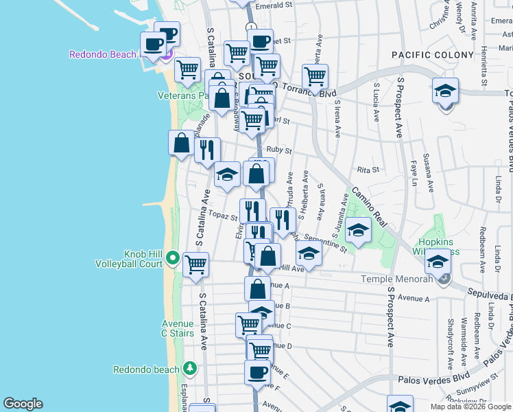 map of restaurants, bars, coffee shops, grocery stores, and more near 628 South Elvira Avenue in Redondo Beach