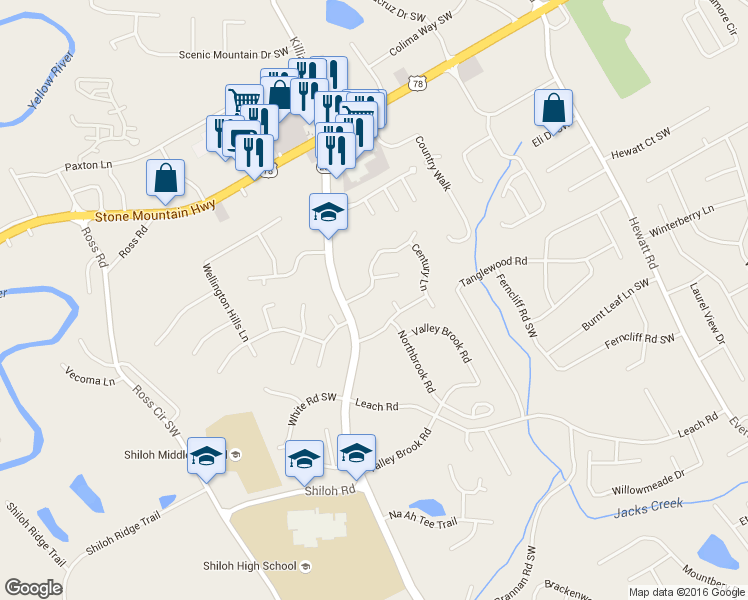 map of restaurants, bars, coffee shops, grocery stores, and more near 4164 Overland Trail Southwest in Snellville
