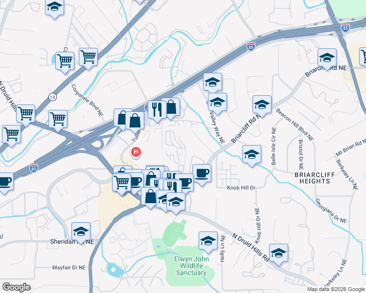 map of restaurants, bars, coffee shops, grocery stores, and more near 1701 Woodcliff Way Northeast in Atlanta