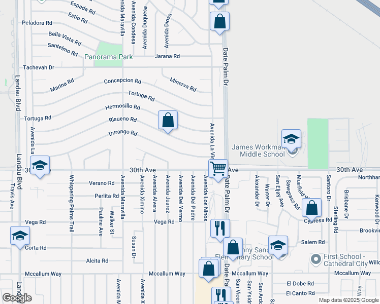 map of restaurants, bars, coffee shops, grocery stores, and more near 68820 Risueno Road in Cathedral City
