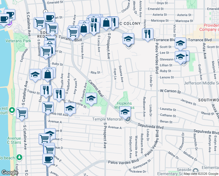 map of restaurants, bars, coffee shops, grocery stores, and more near 635 South Prospect Avenue in Redondo Beach