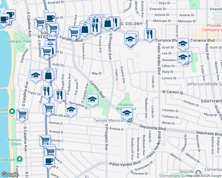 map of restaurants, bars, coffee shops, grocery stores, and more near 635 South Prospect Avenue in Redondo Beach