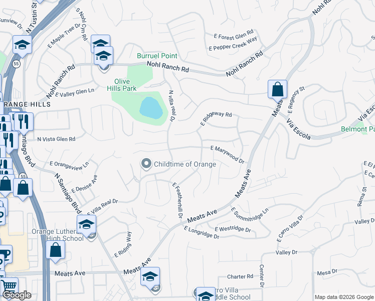 map of restaurants, bars, coffee shops, grocery stores, and more near 3126 East Ridgeway Road in Orange