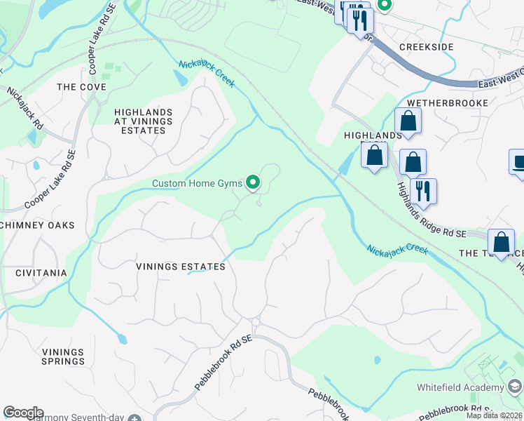 map of restaurants, bars, coffee shops, grocery stores, and more near 586 Vinings Estates Drive Southeast in Mableton