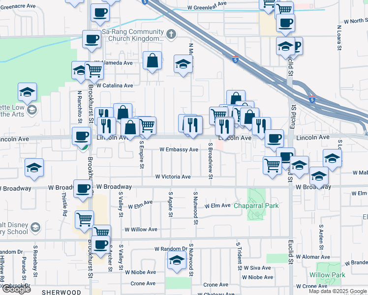 map of restaurants, bars, coffee shops, grocery stores, and more near 114 South Emerald Place in Anaheim
