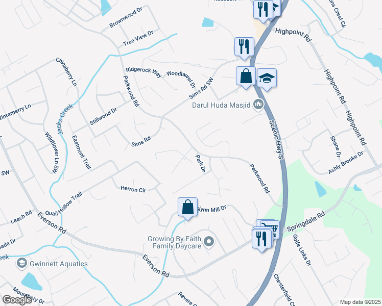 map of restaurants, bars, coffee shops, grocery stores, and more near 3404 Broxton Mill Way in Snellville