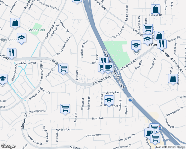 map of restaurants, bars, coffee shops, grocery stores, and more near 1801 Marquez Way in Corona