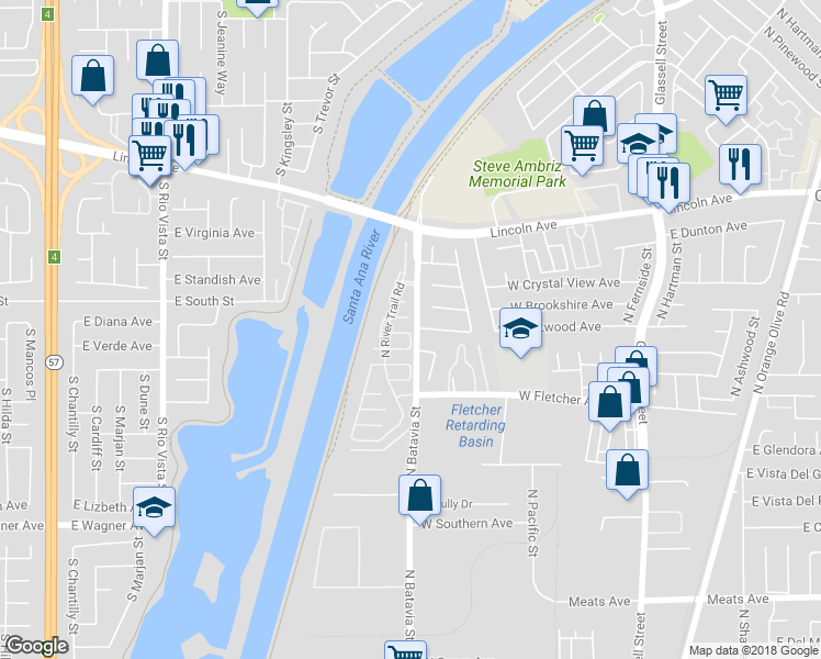 map of restaurants, bars, coffee shops, grocery stores, and more near 942 West White Water Way in Orange