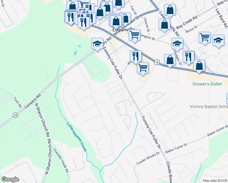 map of restaurants, bars, coffee shops, grocery stores, and more near 931 Village View Circle in Loganville