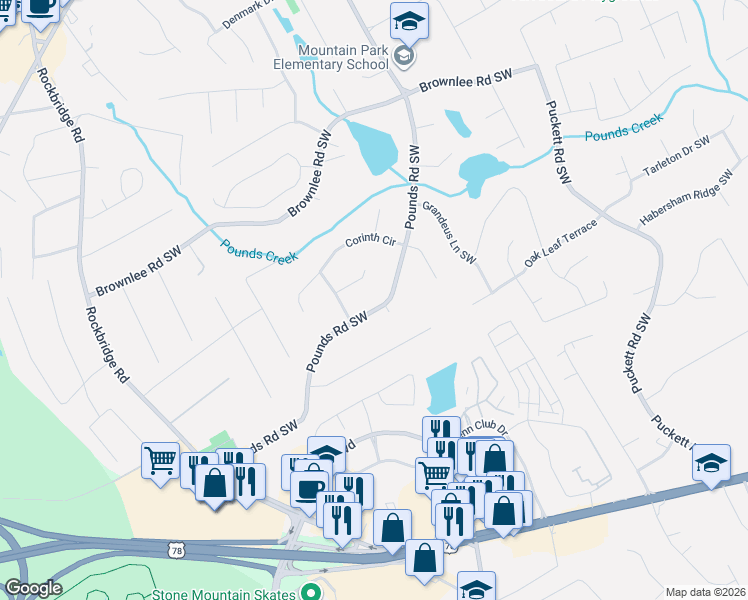 map of restaurants, bars, coffee shops, grocery stores, and more near 5220 Fremont Court Southwest in Stone Mountain