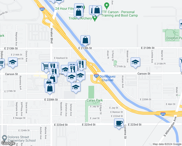 map of restaurants, bars, coffee shops, grocery stores, and more near 1045 East Carson Street in Carson