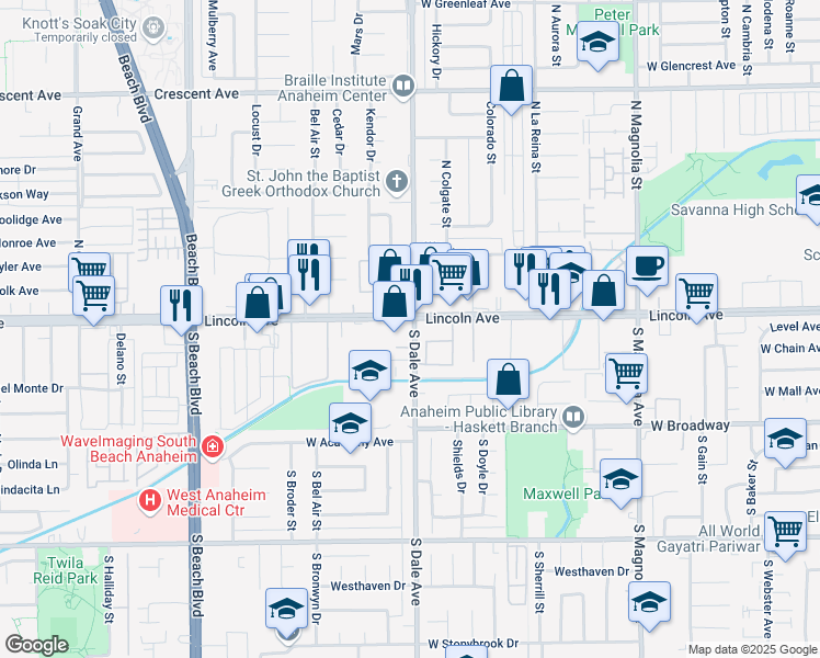 map of restaurants, bars, coffee shops, grocery stores, and more near 121 South Dale Avenue in Anaheim