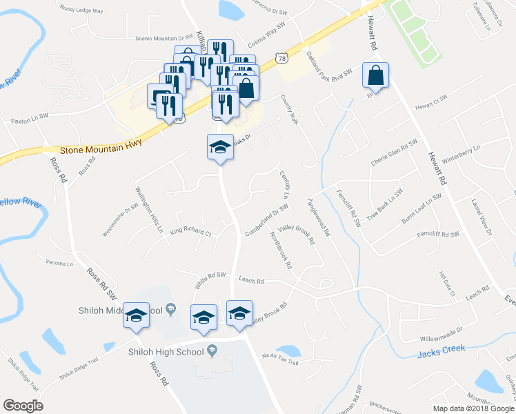 map of restaurants, bars, coffee shops, grocery stores, and more near 2375 Cumberland Court Southwest in Snellville