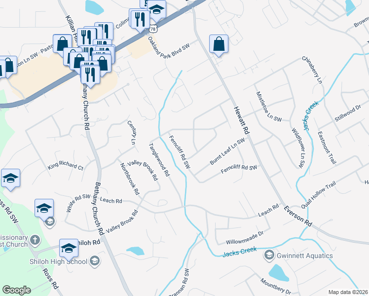 map of restaurants, bars, coffee shops, grocery stores, and more near 3909 Cherie Glen Road Southwest in Snellville