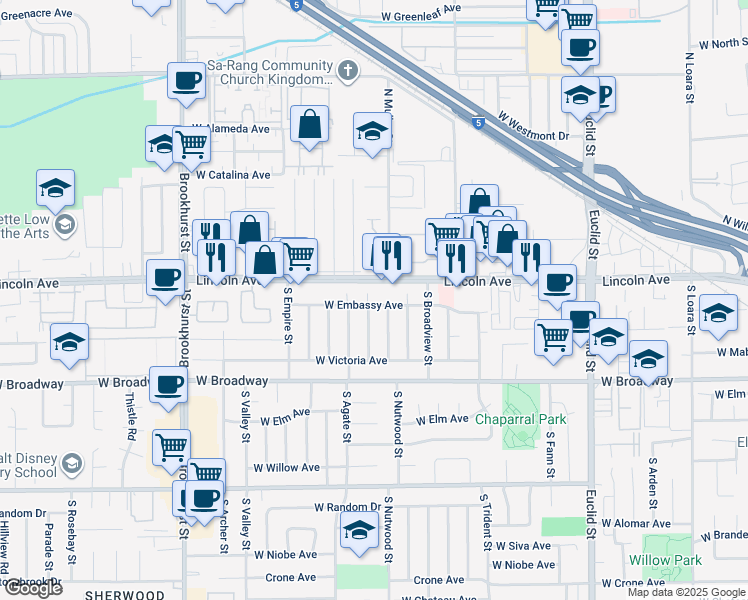 map of restaurants, bars, coffee shops, grocery stores, and more near 103 South Emerald Place in Anaheim