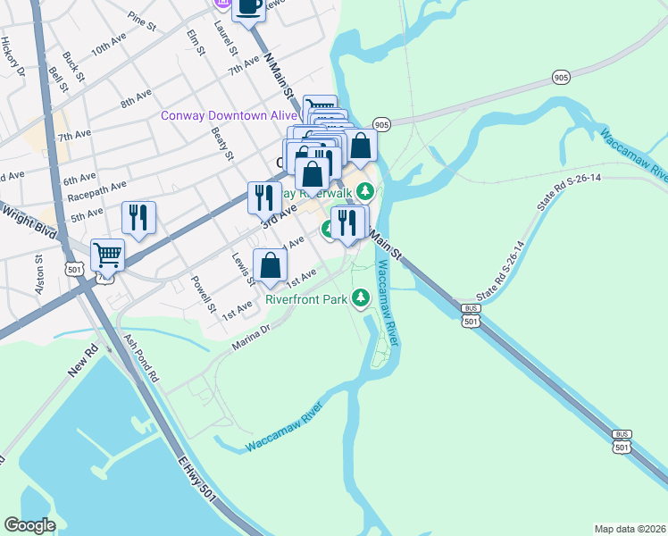 map of restaurants, bars, coffee shops, grocery stores, and more near 18 Elm Street in Conway