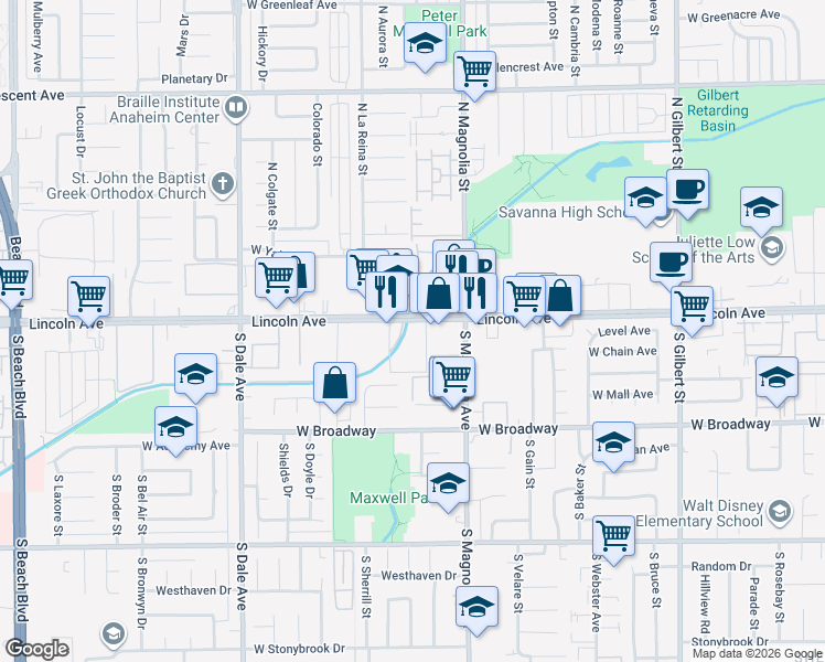 map of restaurants, bars, coffee shops, grocery stores, and more near 2642 West Lincoln Avenue in Anaheim