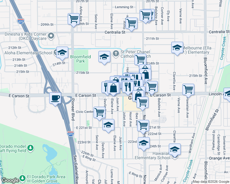 map of restaurants, bars, coffee shops, grocery stores, and more near 12001 East Carson Street in Hawaiian Gardens