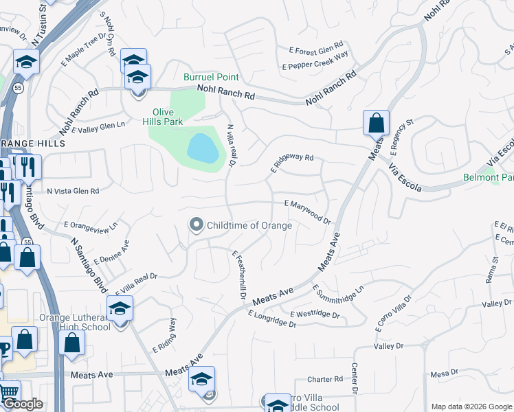 map of restaurants, bars, coffee shops, grocery stores, and more near 2626 North Meadow Grove Road in Orange
