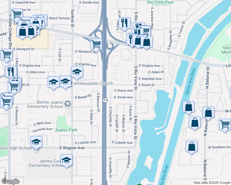 map of restaurants, bars, coffee shops, grocery stores, and more near 2733 East Diana Avenue in Anaheim
