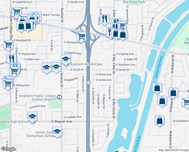 map of restaurants, bars, coffee shops, grocery stores, and more near 2733 East Diana Avenue in Anaheim
