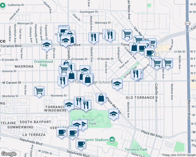 map of restaurants, bars, coffee shops, grocery stores, and more near 1614 Madrid Avenue in Torrance