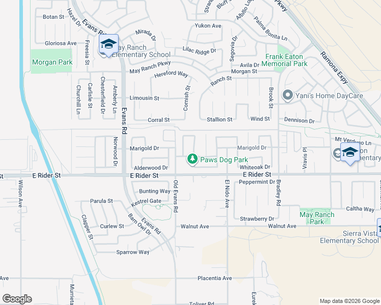 map of restaurants, bars, coffee shops, grocery stores, and more near 3359 Oakleaf Lane in Perris