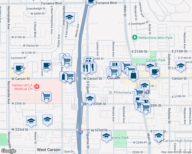 map of restaurants, bars, coffee shops, grocery stores, and more near 2 Carson Street in Carson