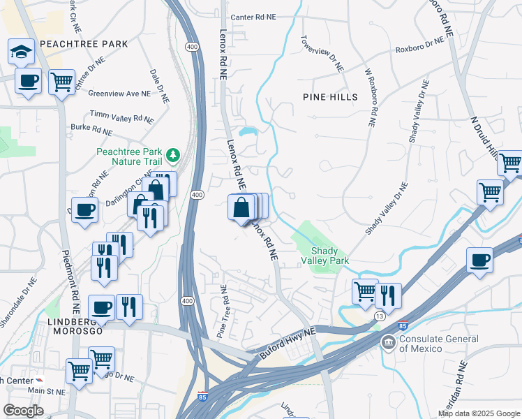 map of restaurants, bars, coffee shops, grocery stores, and more near 8 Vale Close Northeast in Atlanta