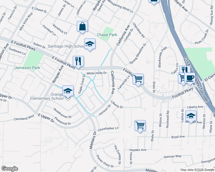 map of restaurants, bars, coffee shops, grocery stores, and more near 3247 Willow Park Drive in Corona