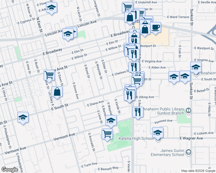 map of restaurants, bars, coffee shops, grocery stores, and more near 616 South Elder Street in Anaheim