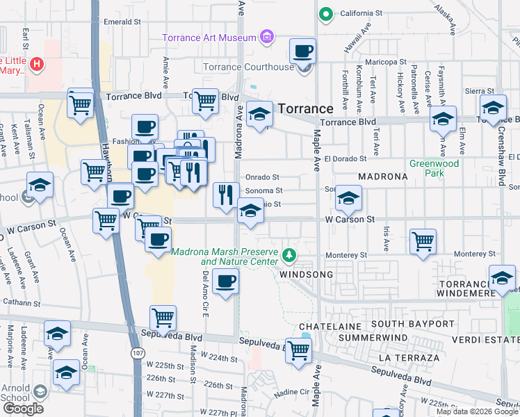 map of restaurants, bars, coffee shops, grocery stores, and more near 3310 Sonoma Street in Torrance